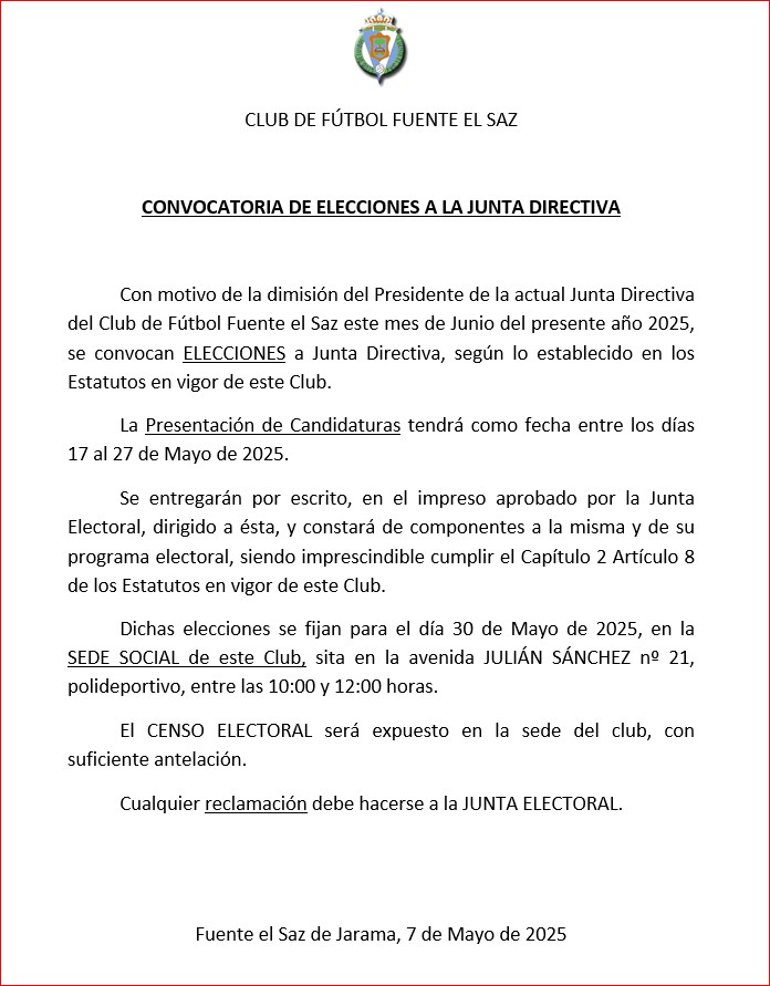 CONVOCATORIA DE ELECCIONES A LA JUNTA DIRECTIVA